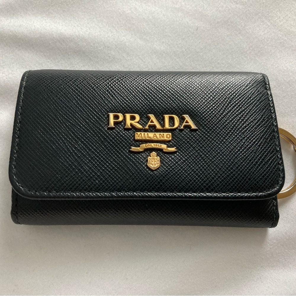 Prada Key Holder Case Black Saffiano Leather with Gold Hardware